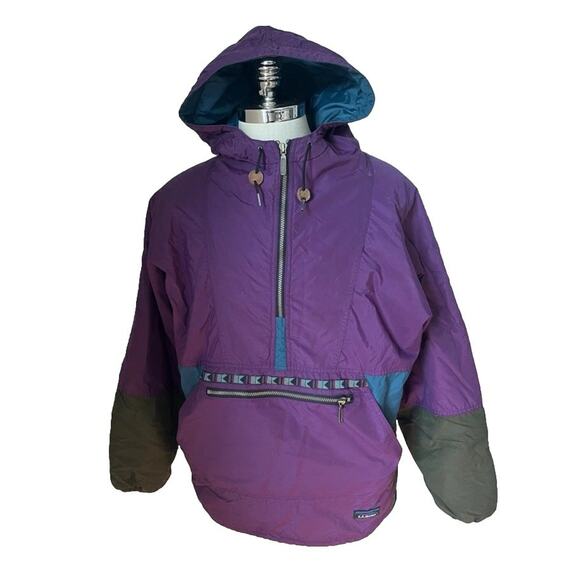 VTG 90s LL Bean Made USA Hooded Coat Jacket Pullover Purple Green Sz Medium Mens - Picture 1 of 5